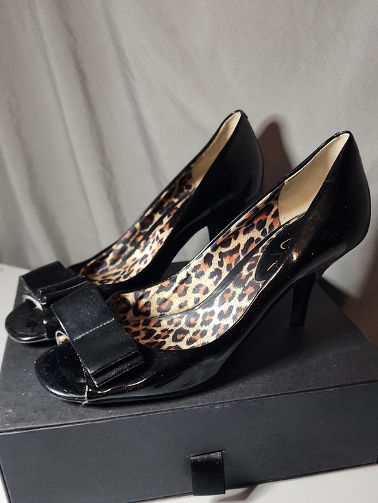 Jessica Simpson Shoes - Jessica Simpson Black Patent Peep-Toe Heels with Bow